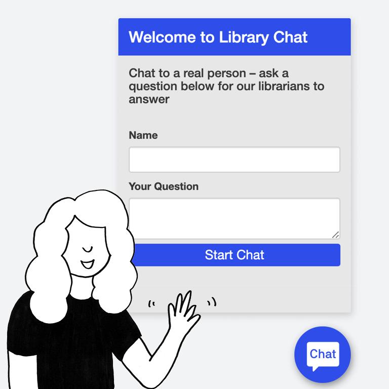Online chat window with drawn librarian waving
