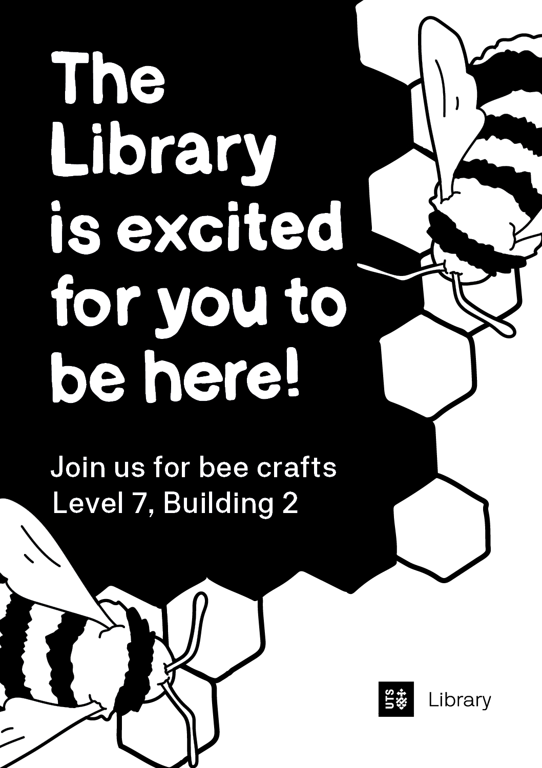 Illustrated image with text “The Library is excited for you to be here!” 
