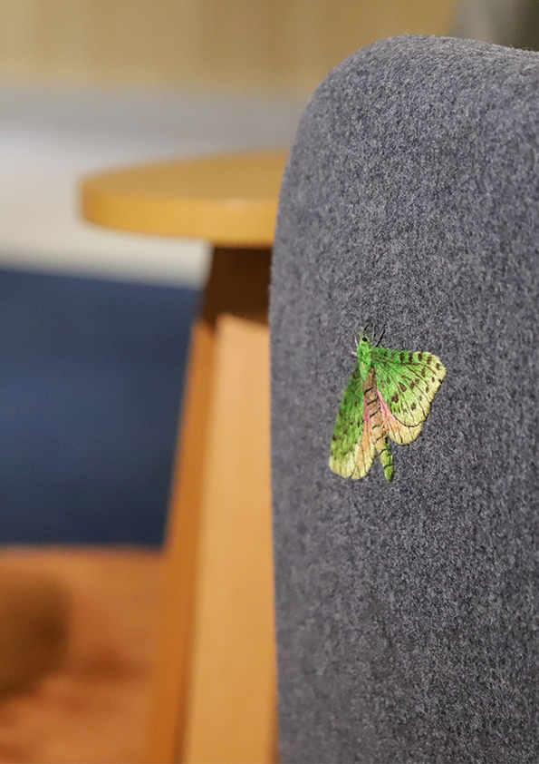 Photograph of hand-embroidered Pepetuna / Pūriri Moth by Vita Cochran, 2024.