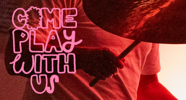 text "Come play with us" with close up image of a drummer