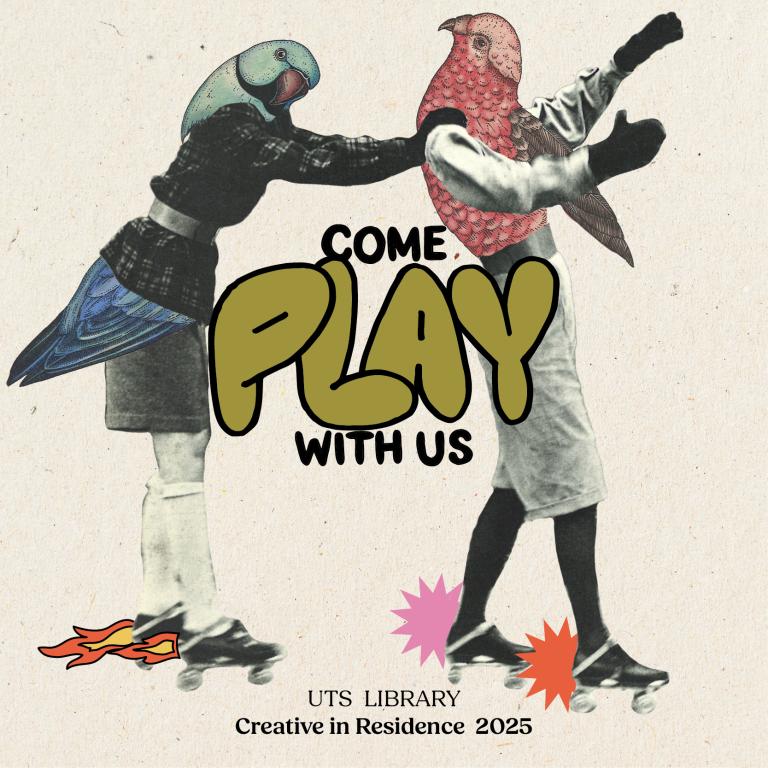 Two people with bird heads roller skating with the words "Come play with us" in playful writing