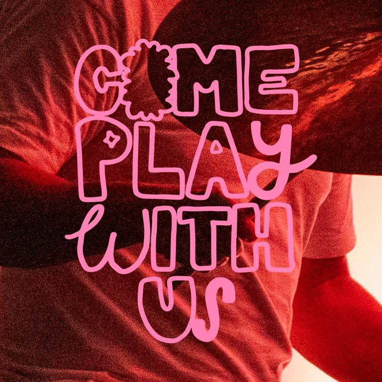Pink handwritten text "Come play with us" is scrawled over a noisy red-tinged photographed of a drummer